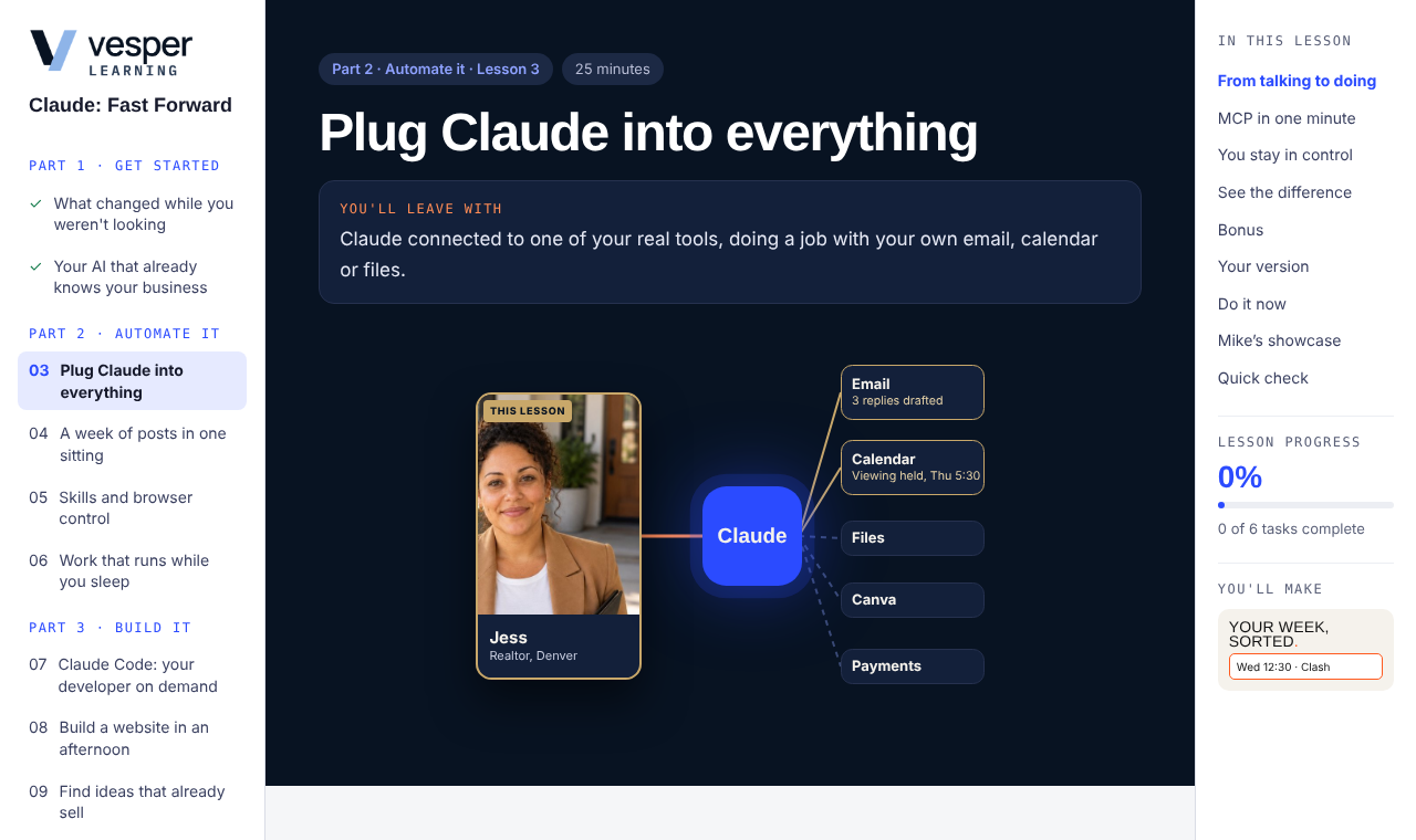 A lesson page from the course: Plug Claude into everything